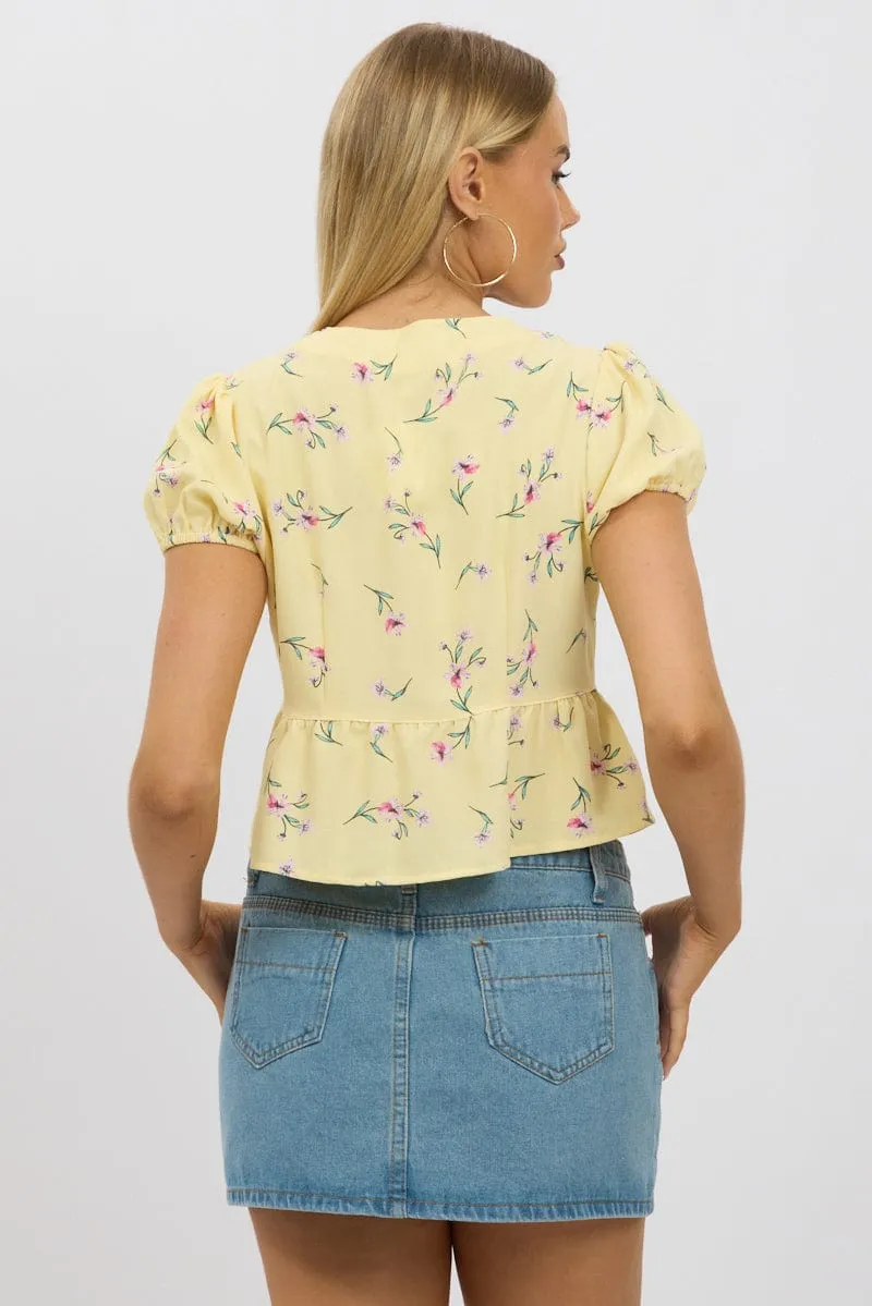 Yellow Ditsy Tie Front Top Puff Sleeve sold by Ally Fashion product image thumbnail 5