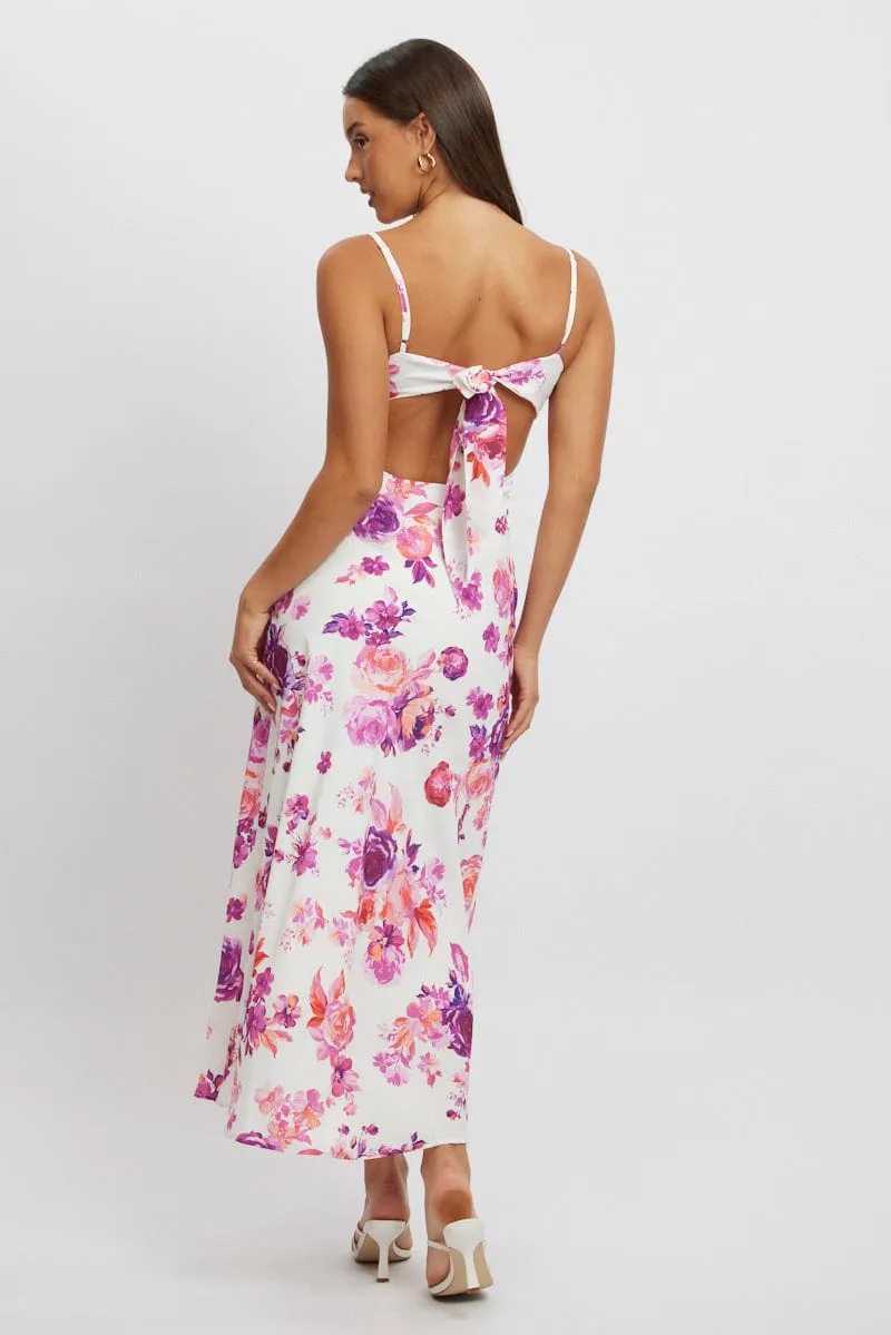 White Floral Maxi Dress Back Tie Satin sold by Ally Fashion product image thumbnail 4