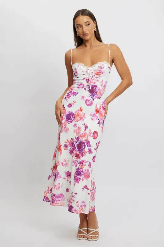 White Floral Maxi Dress Back Tie Satin sold by Ally Fashion
