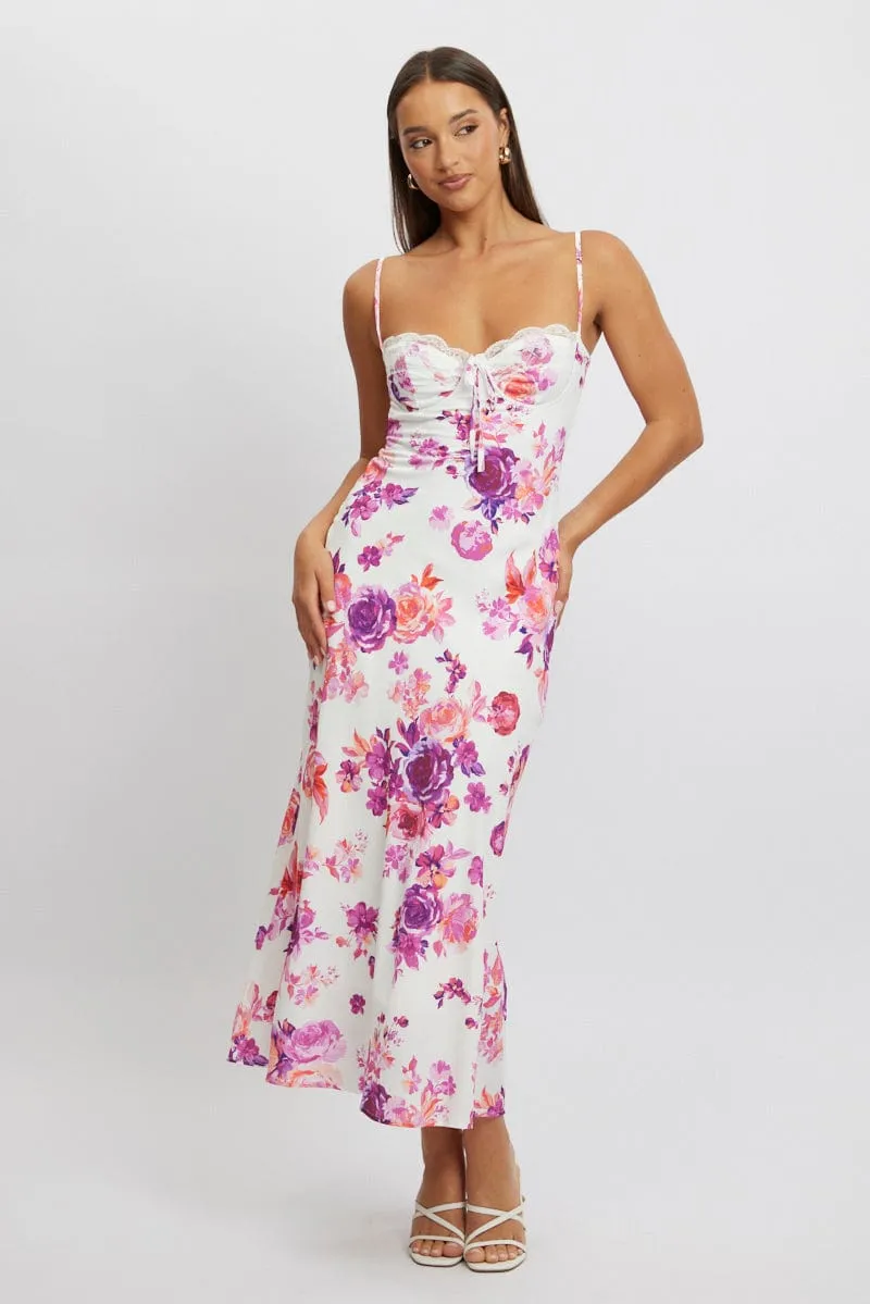 White Floral Maxi Dress Back Tie Satin sold by Ally Fashion