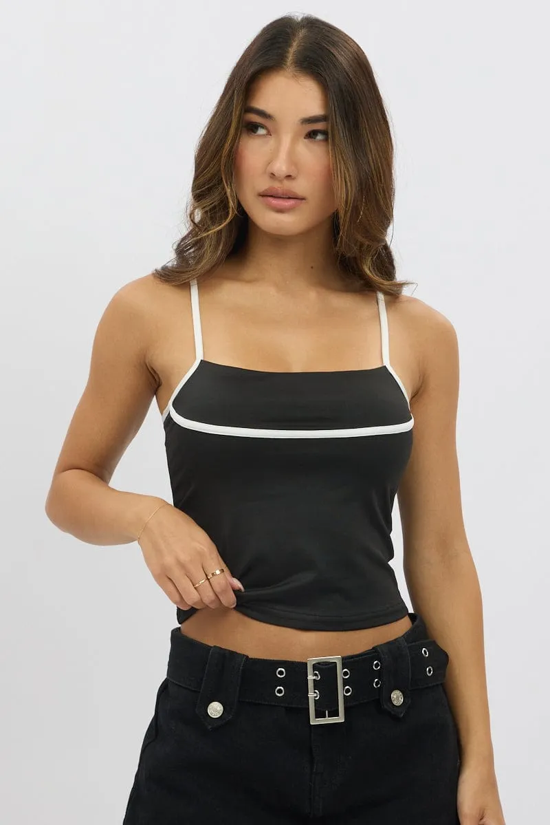Black Singlet Top Contrast Piping sold by Ally Fashion