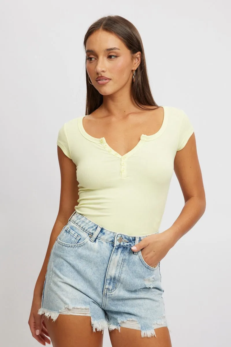Yellow Button Down Tee Short Sleeve Rib sold by Ally Fashion