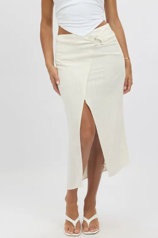 Beige Midaxi Skirt Buckle Detail Linen Blend sold by Ally Fashion