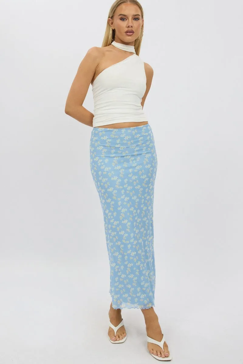 Blue Ditsy Maxi Skirt Elastic Waist Mesh Lined sold by Ally Fashion