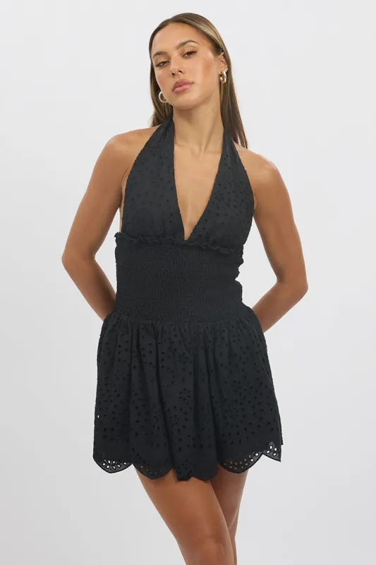 Black Halter Neck Dress Mini Eyelet Fabric sold by Ally Fashion