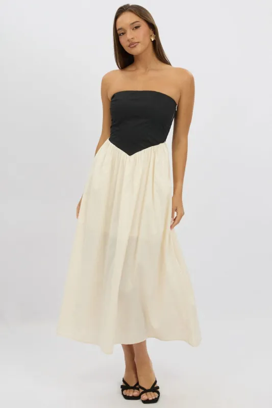 Beige Strapless Maxi Dress Colour Block sold by Ally Fashion