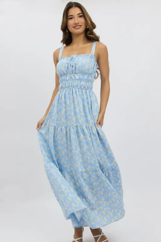 Blue Ditsy Maxi Dress Strappy Tiered sold by Ally Fashion