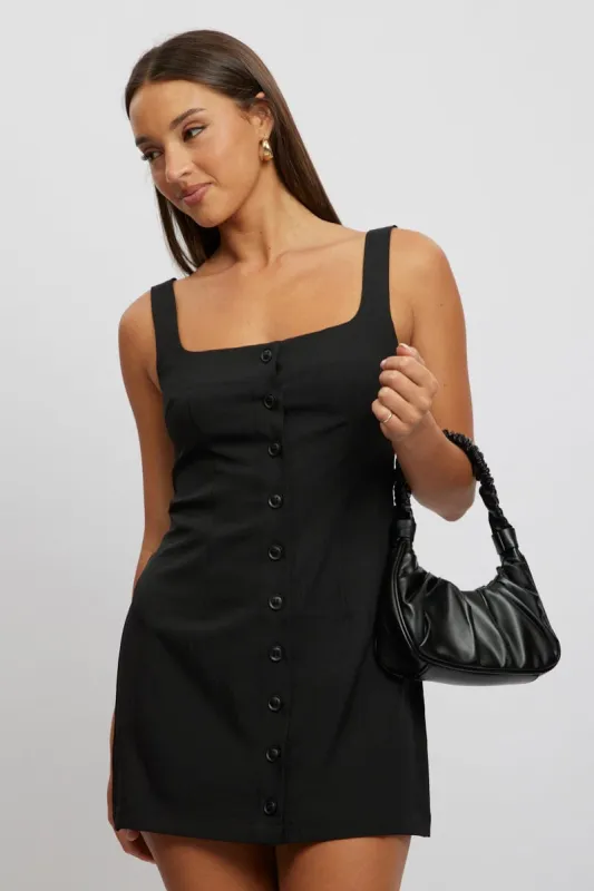 Black Mini Dress Square Neck Button Down sold by Ally Fashion