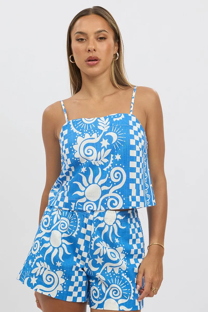 Blue Abstract Cami Top Square Neck Linen Blend sold by Ally Fashion product image thumbnail 2