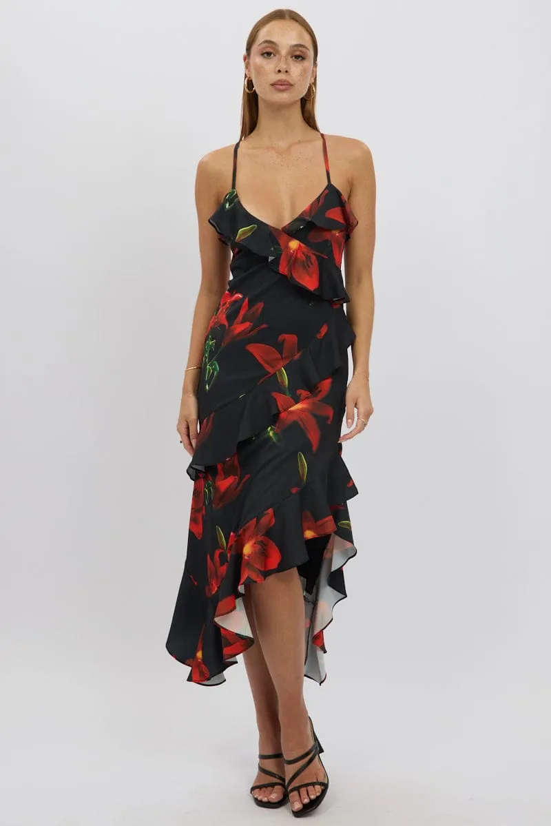 Black Floral Midi Dress Ruffle Detail sold by Ally Fashion product image thumbnail 3