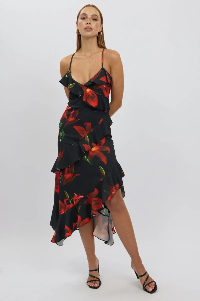 Black Floral Midi Dress Ruffle Detail sold by Ally Fashion