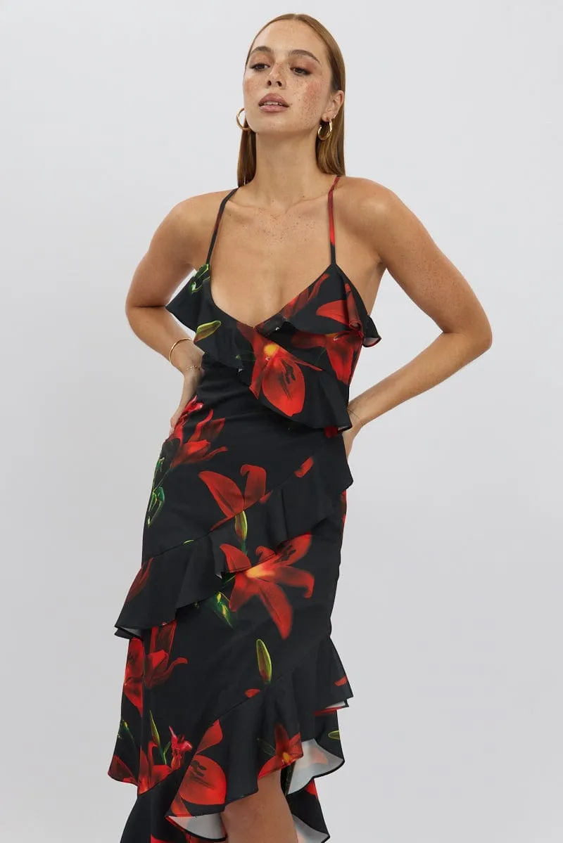 Black Floral Midi Dress Ruffle Detail sold by Ally Fashion product image thumbnail 2