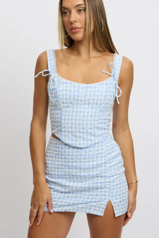 Blue Check Mini Skirt High Rise Split sold by Ally Fashion
