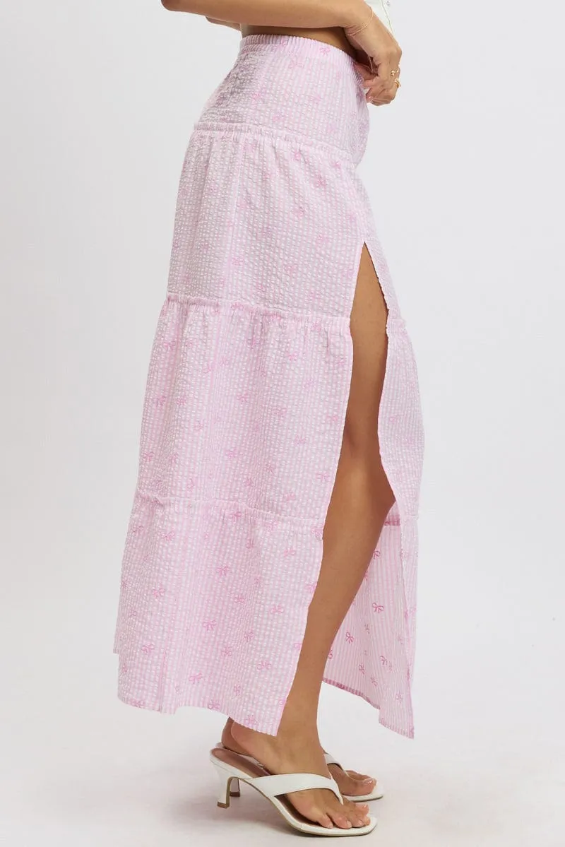 Pink Stripe Tiered Maxi Skirt Elastic Waist Slit Ruffle sold by Ally Fashion product image thumbnail 4