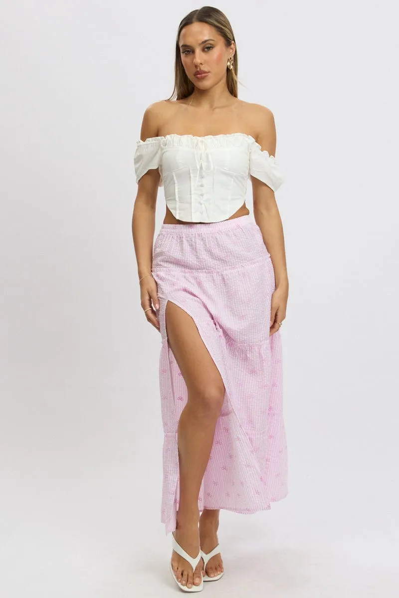 Pink Stripe Tiered Maxi Skirt Elastic Waist Slit Ruffle sold by Ally Fashion product image thumbnail 2