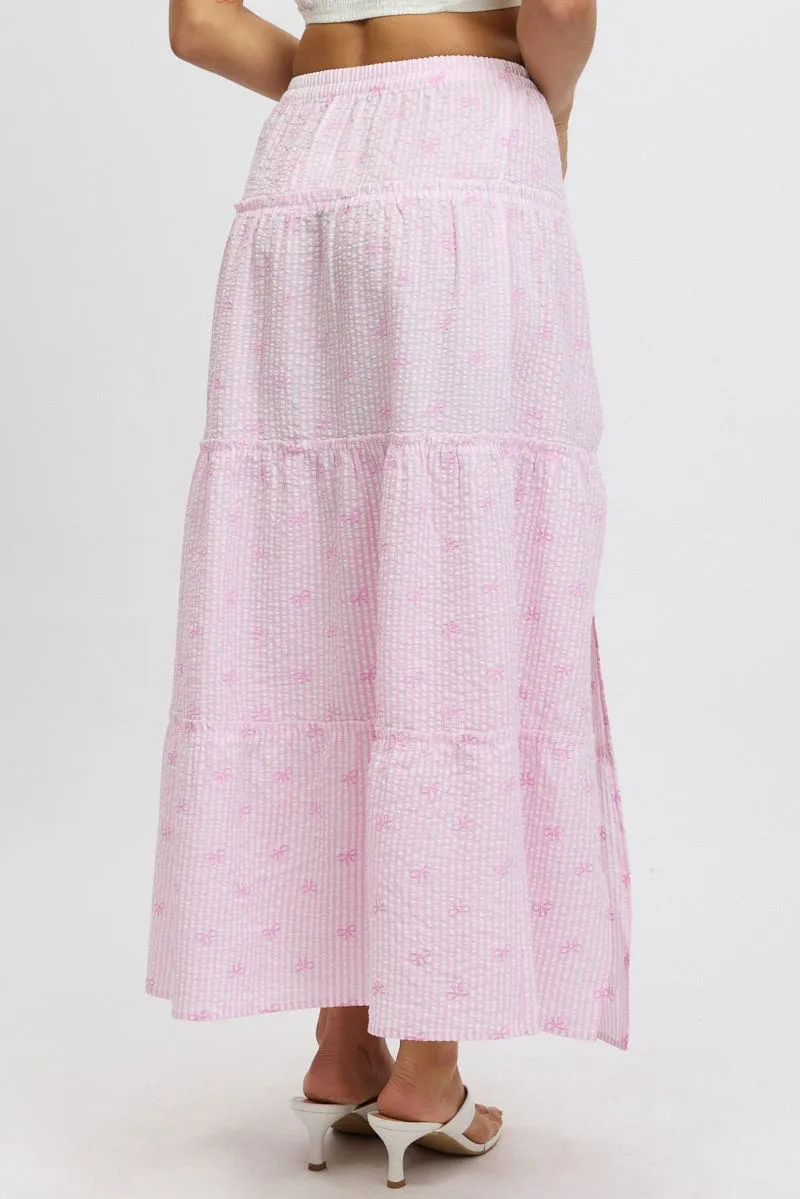Pink Stripe Tiered Maxi Skirt Elastic Waist Slit Ruffle sold by Ally Fashion product image thumbnail 5