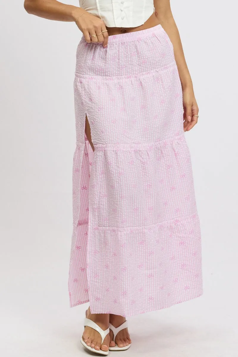 Pink Stripe Tiered Maxi Skirt Elastic Waist Slit Ruffle sold by Ally Fashion product image thumbnail 3