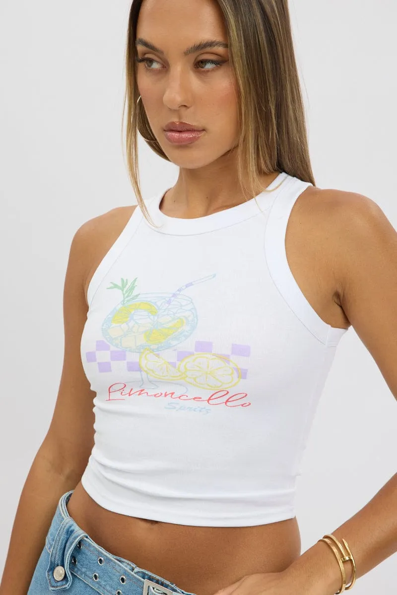 White Graphic Tank Top sold by Ally Fashion