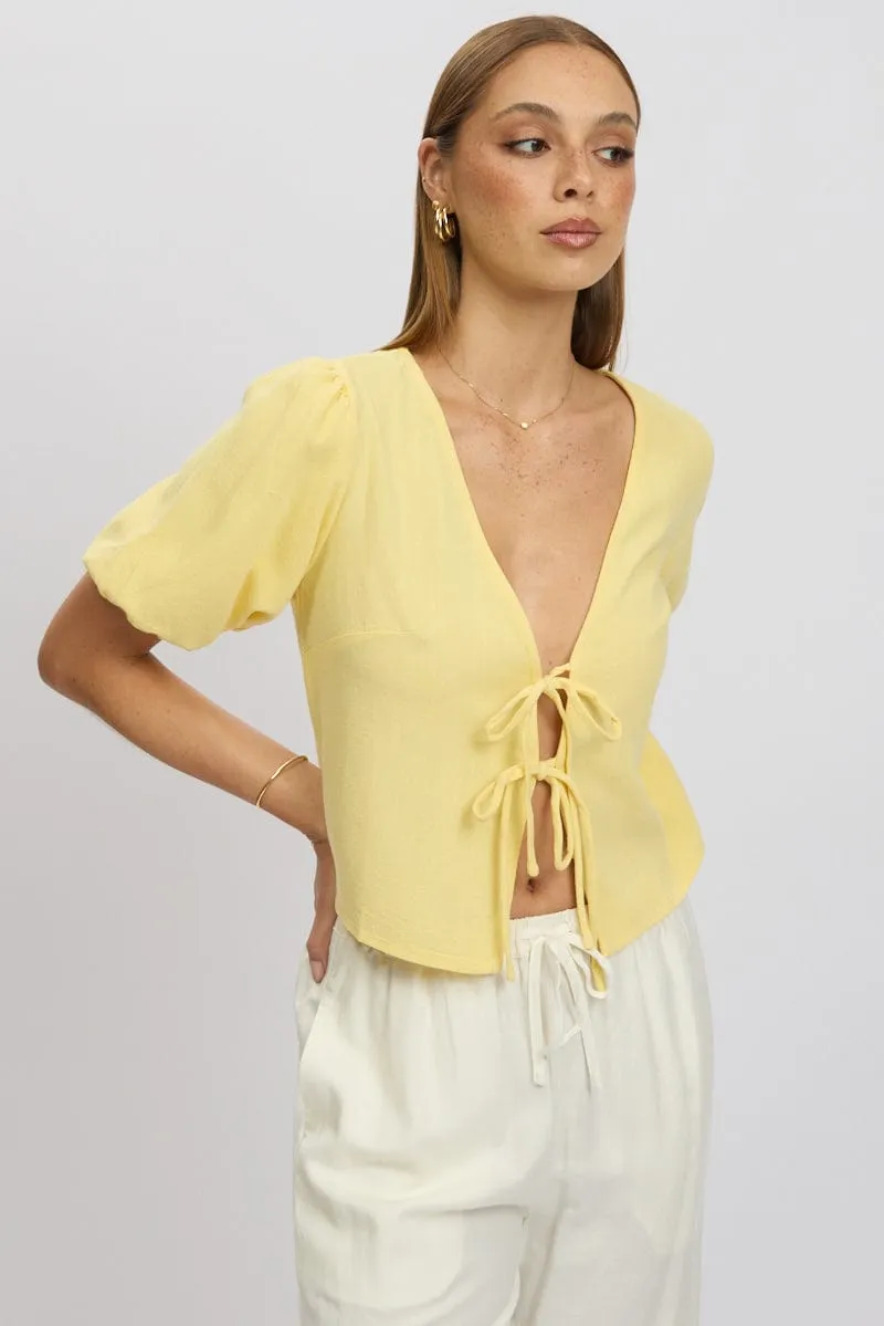 Yellow Tie Front Top Puff Short Sleeve sold by Ally Fashion product image thumbnail 3
