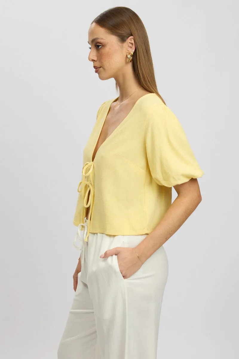 Yellow Tie Front Top Puff Short Sleeve sold by Ally Fashion product image thumbnail 4