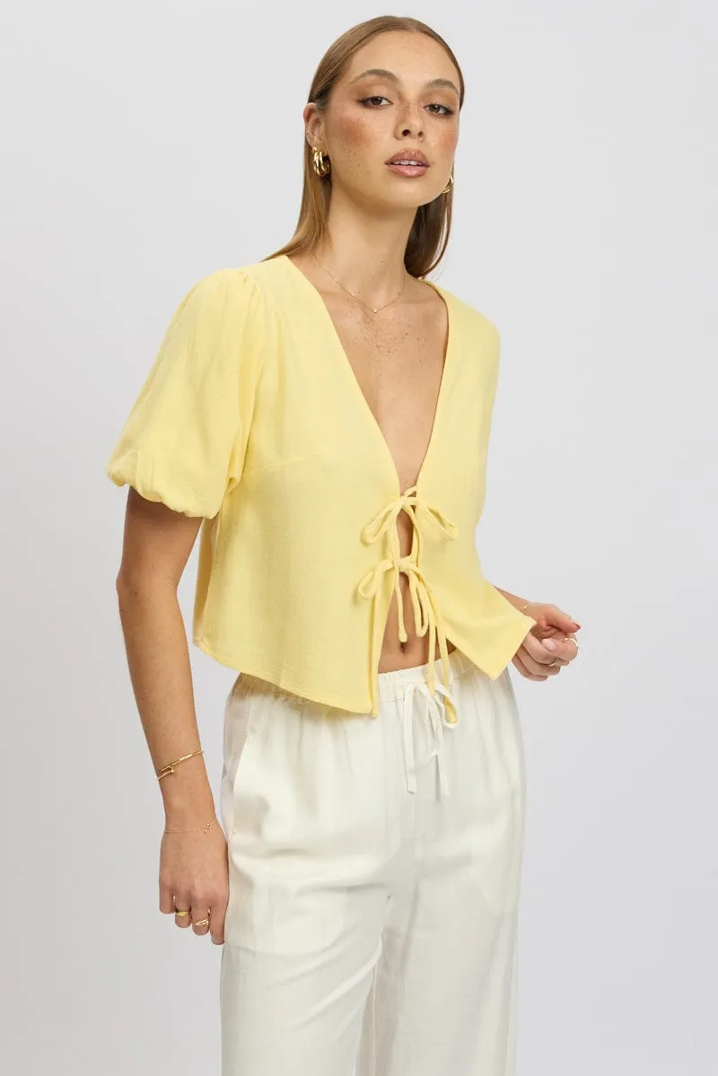Yellow Tie Front Top Puff Short Sleeve sold by Ally Fashion