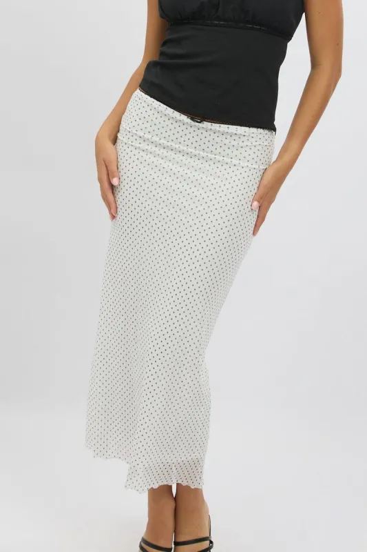 White Polka Dot Mesh Skirt Elasticated Picot Trim Midaxi sold by Ally Fashion