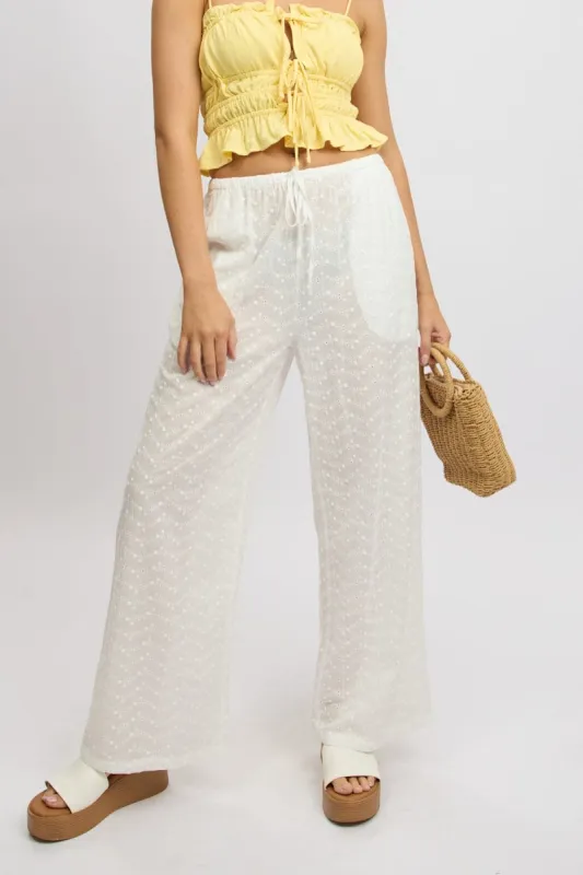 White Wide Leg Pants High Rise Eyelet Fabric sold by Ally Fashion