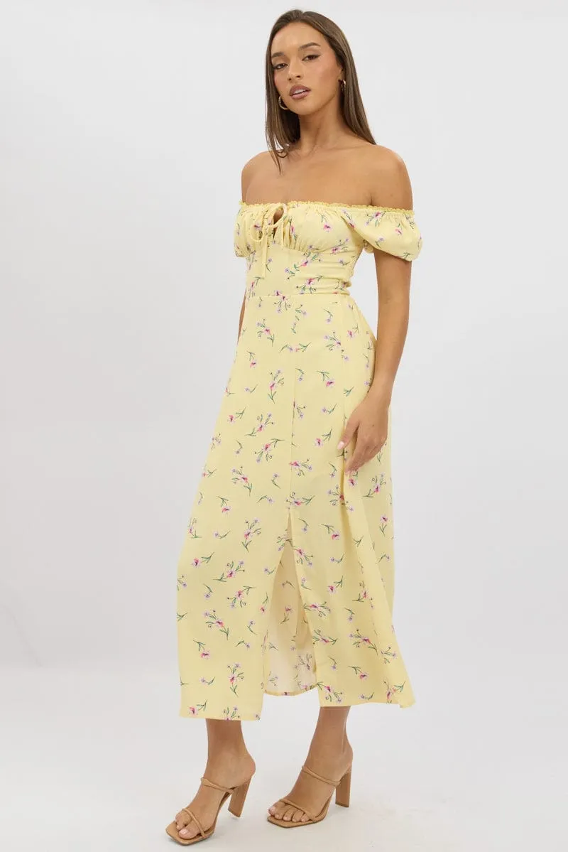 Yellow Floral Midi Dress Ruched Bust sold by Ally Fashion product image thumbnail 4