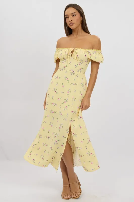 Yellow Floral Midi Dress Ruched Bust sold by Ally Fashion