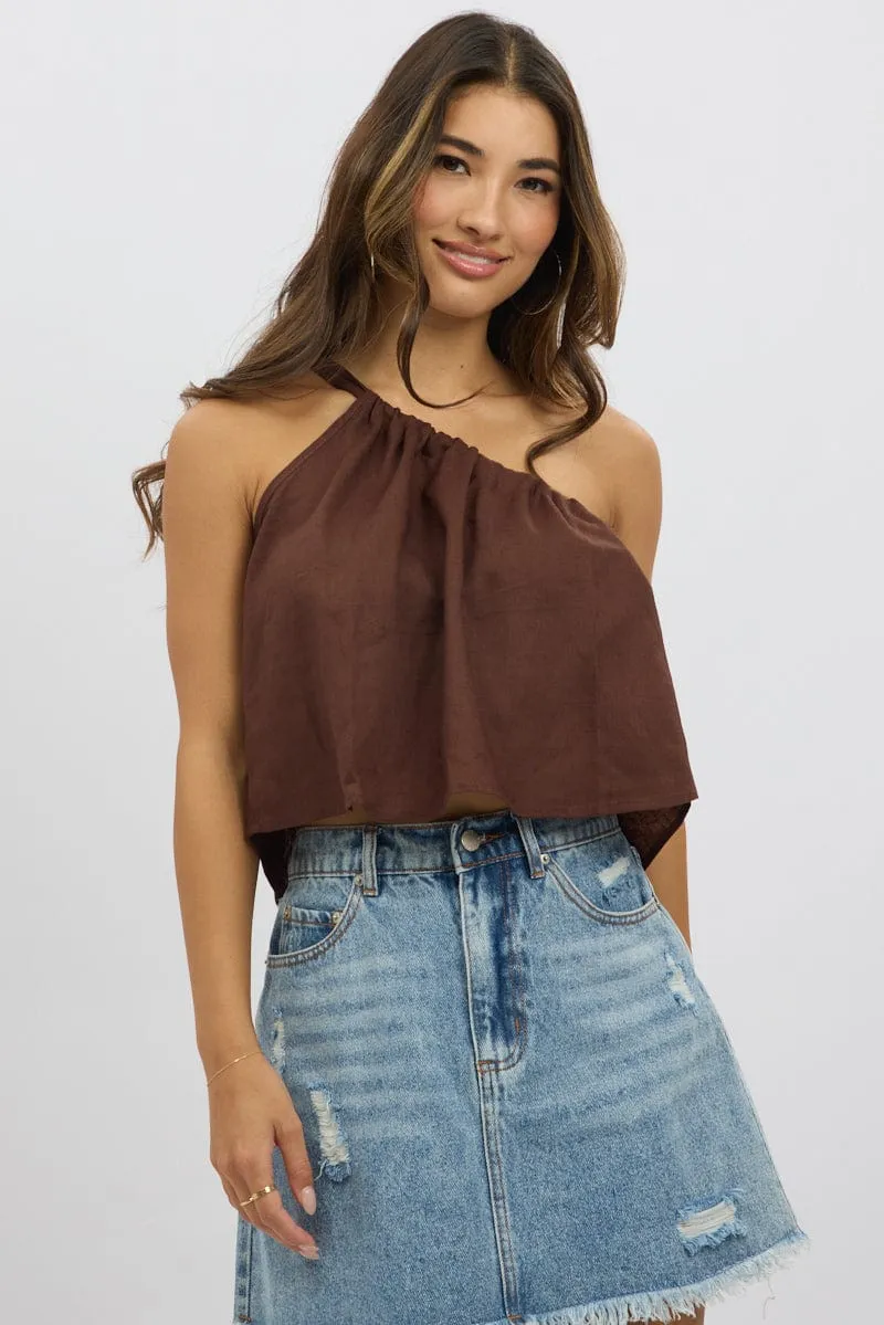 Brown One Shoulder Top Linen Blend sold by Ally Fashion product image thumbnail 3