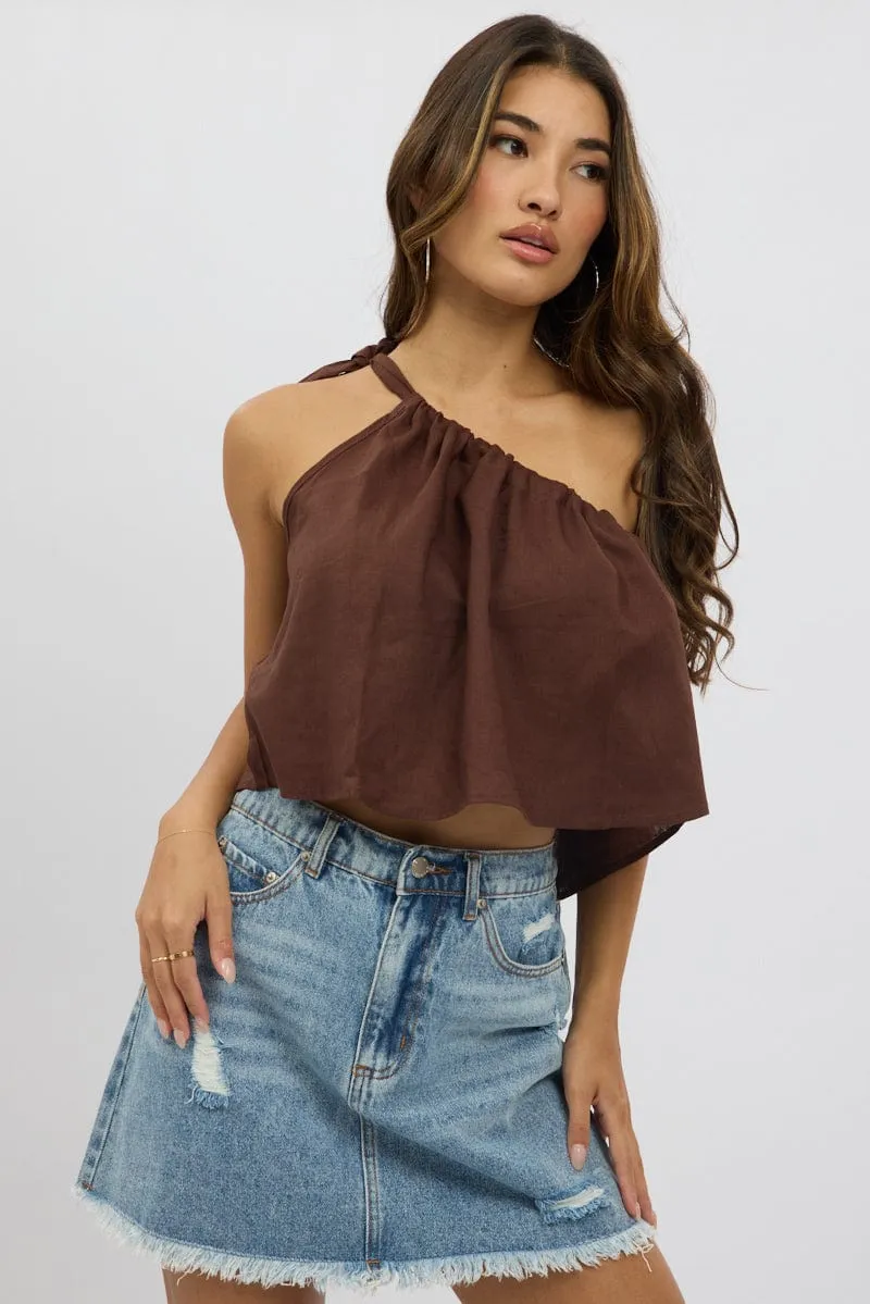 Brown One Shoulder Top Linen Blend sold by Ally Fashion