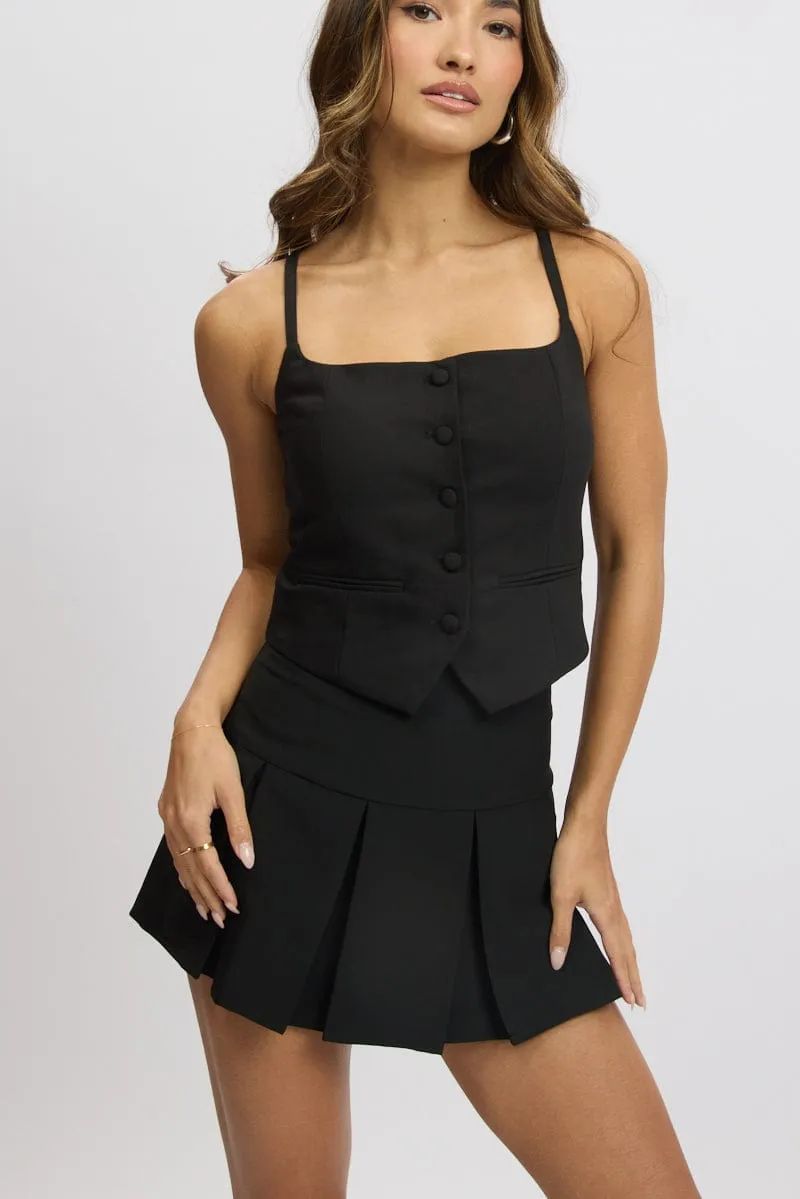 Black Mini Skort Skirt High Rise Box Pleat Lined sold by Ally Fashion