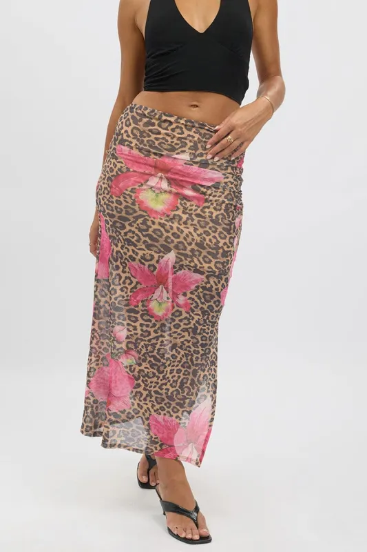 Multi Animal Print Midaxi Skirt High Rise Ruched Lined Mesh sold by Ally Fashion
