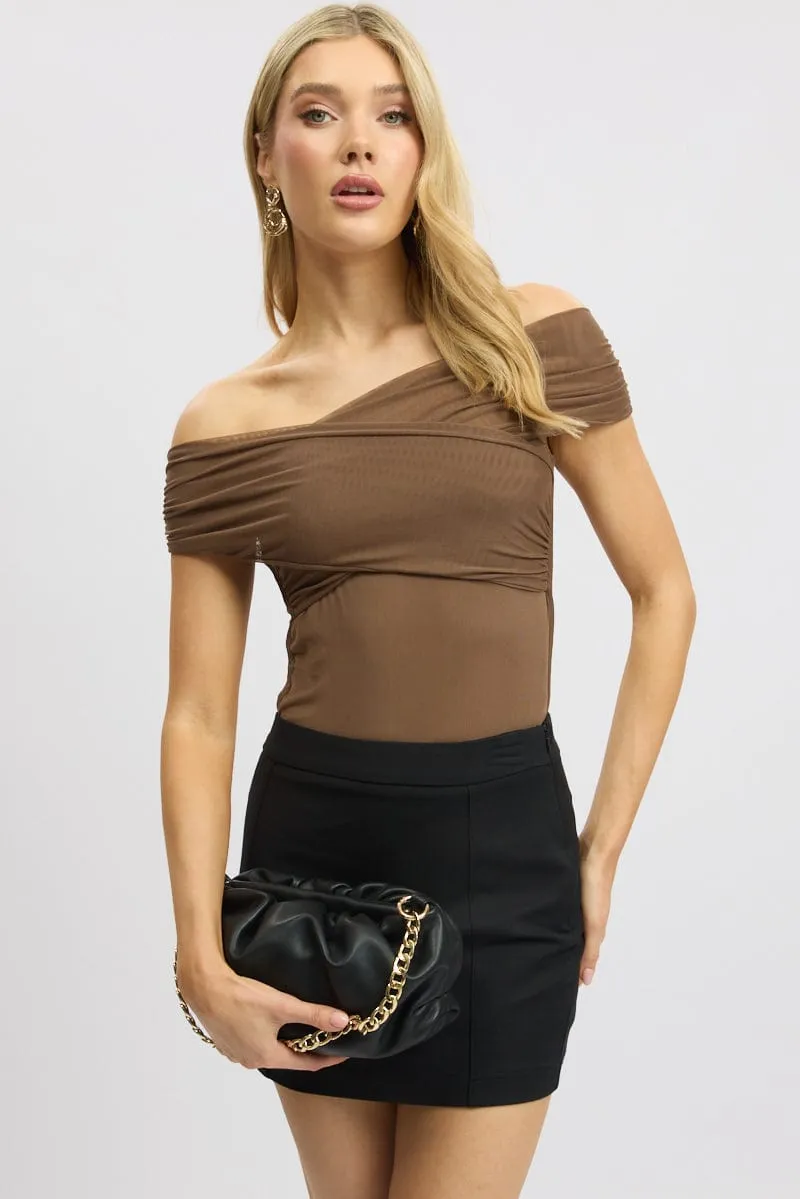 Brown Off Shoulder Bodysuit Mesh sold by Ally Fashion