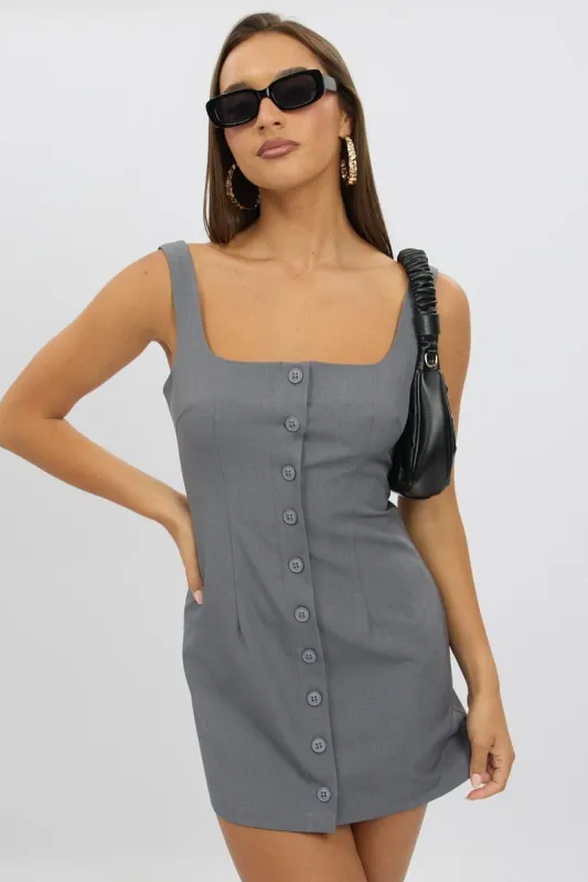 Grey Mini Dress Square Neck Button Down sold by Ally Fashion