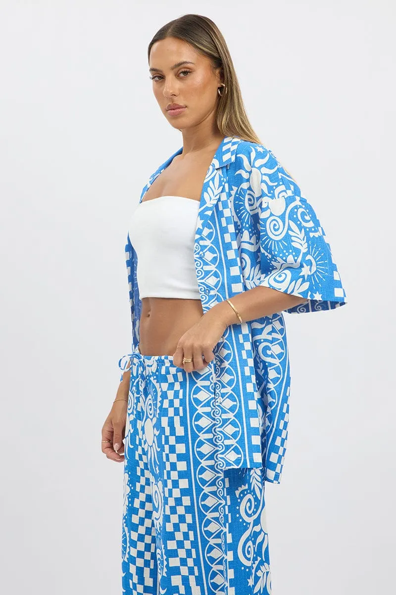 Blue Abstract Relaxed Shirt Short Sleeve Linen Blend sold by Ally Fashion product image thumbnail 4