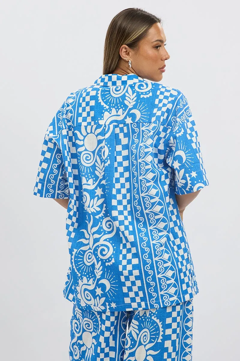 Blue Abstract Relaxed Shirt Short Sleeve Linen Blend sold by Ally Fashion product image thumbnail 5