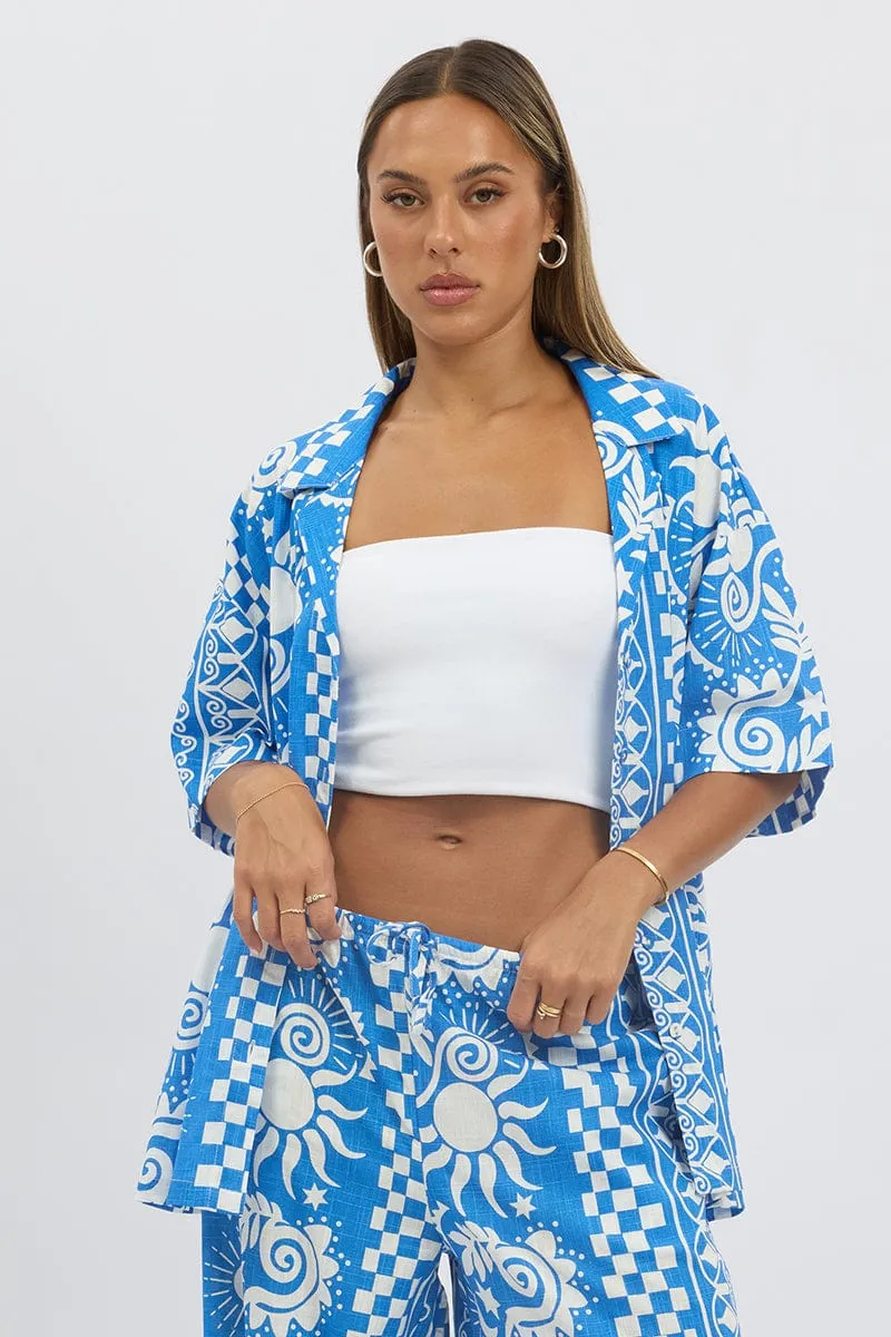 Blue Abstract Relaxed Shirt Short Sleeve Linen Blend sold by Ally Fashion product image thumbnail 3