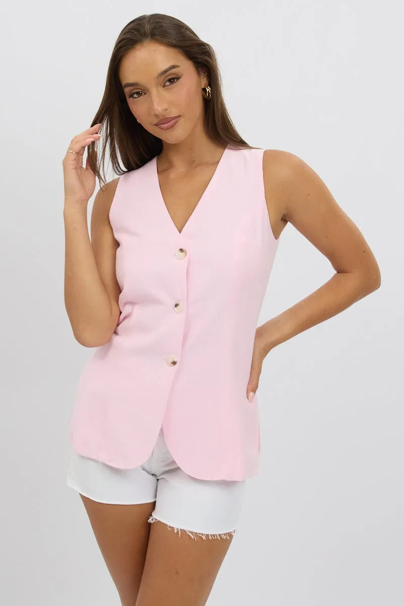Pink Linen Vest Longline V Neck sold by Ally Fashion