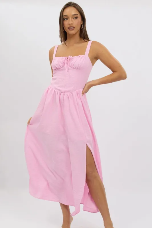 Pink Midi Dress Gathering Bust Corset Detail sold by Ally Fashion