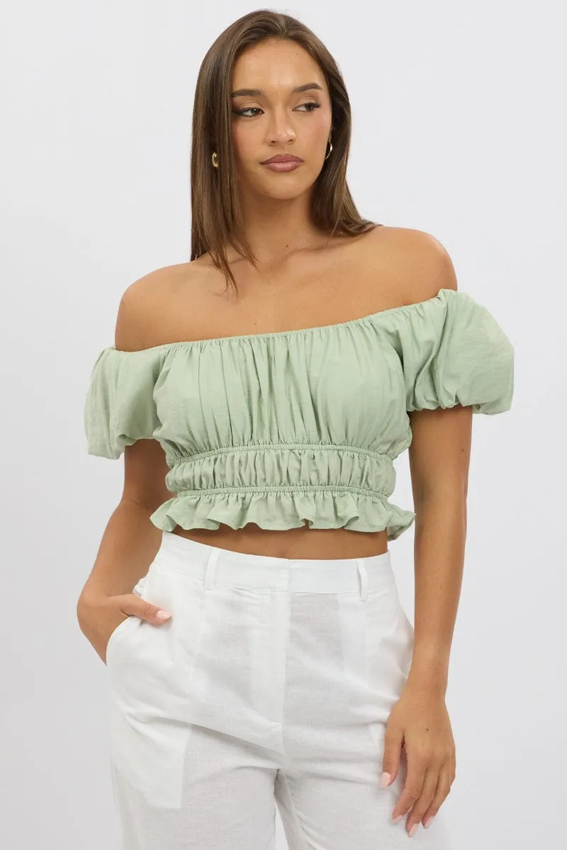 Green Ruffle Crop Top Puff Sleeve sold by Ally Fashion