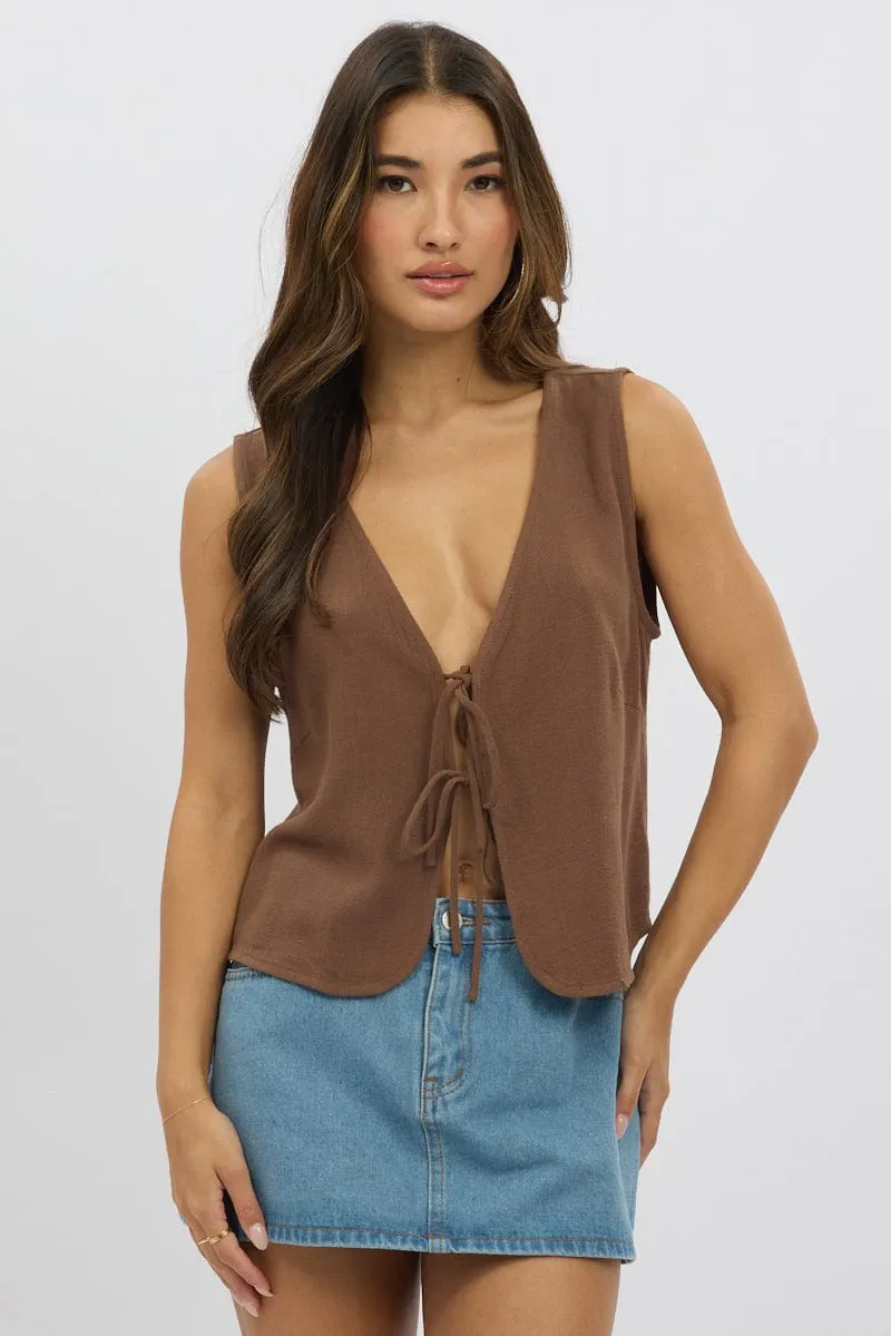 Brown Abstract Tie Up Top Linen sold by Ally Fashion product image thumbnail 3