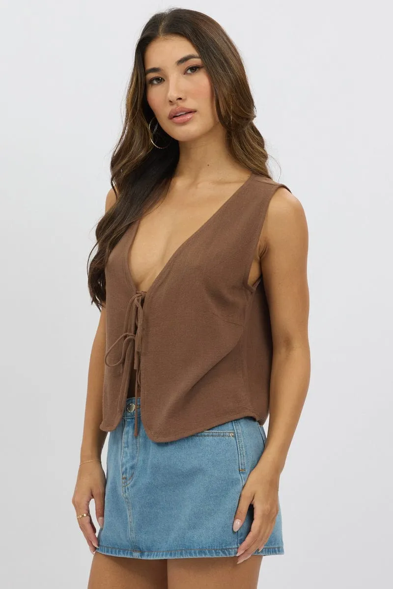 Brown Abstract Tie Up Top Linen sold by Ally Fashion product image thumbnail 4