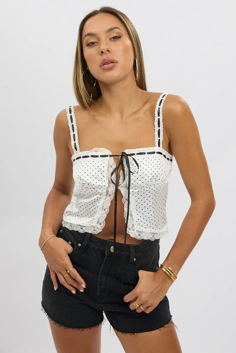 White Polka Dot Cami Top Open Front Ribbon sold by Ally Fashion