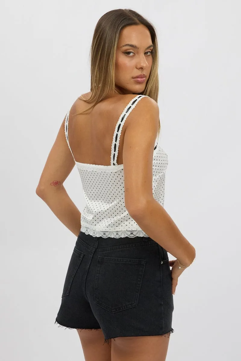 White Polka Dot Cami Top Open Front Ribbon sold by Ally Fashion product image thumbnail 5