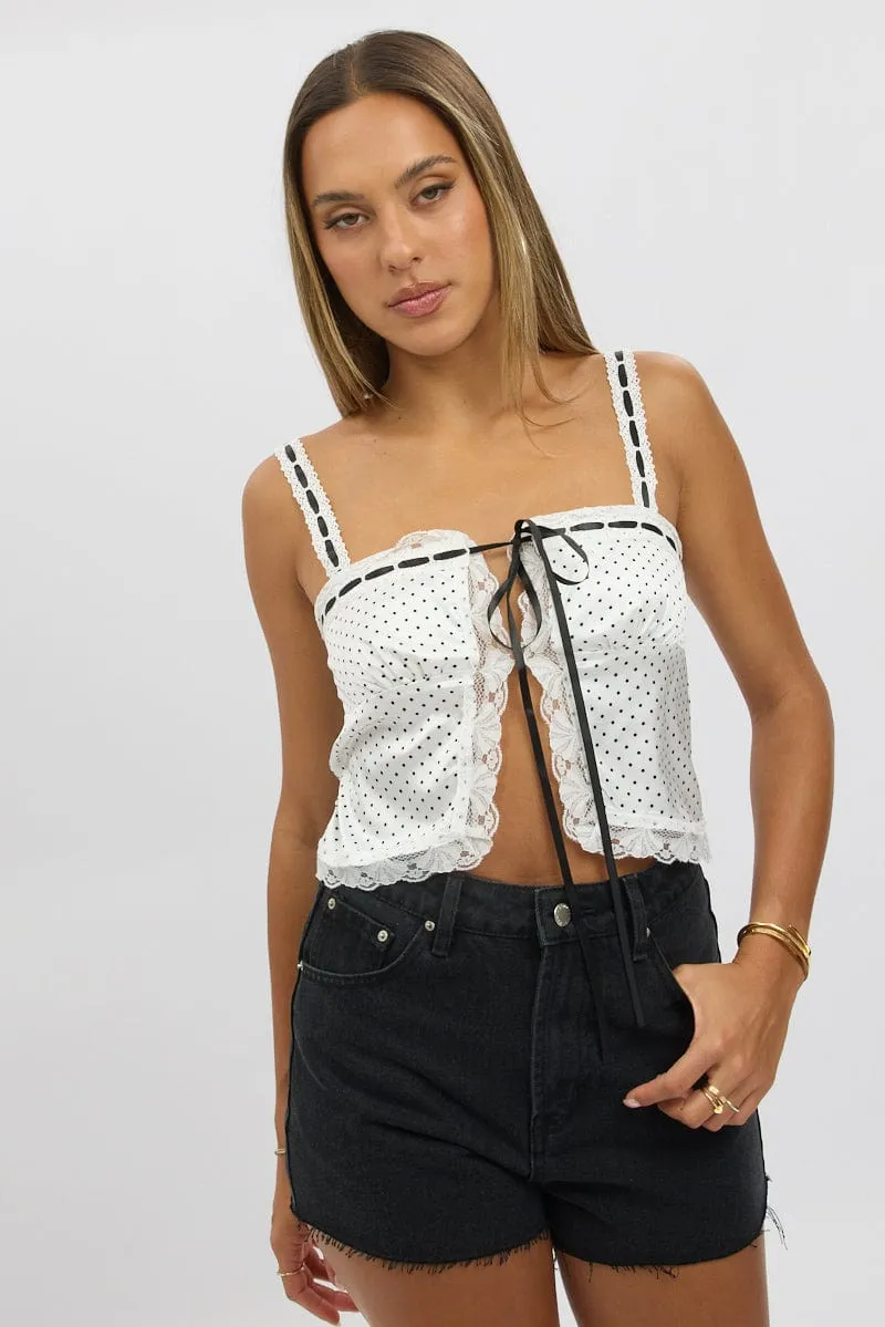White Polka Dot Cami Top Open Front Ribbon sold by Ally Fashion product image thumbnail 3