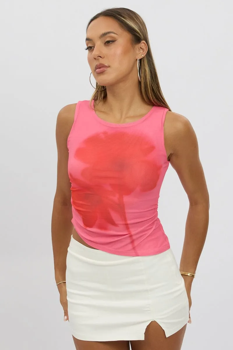 Pink Floral Mesh Tank Top Sleeveless Unbalance Hem sold by Ally Fashion product image thumbnail 3