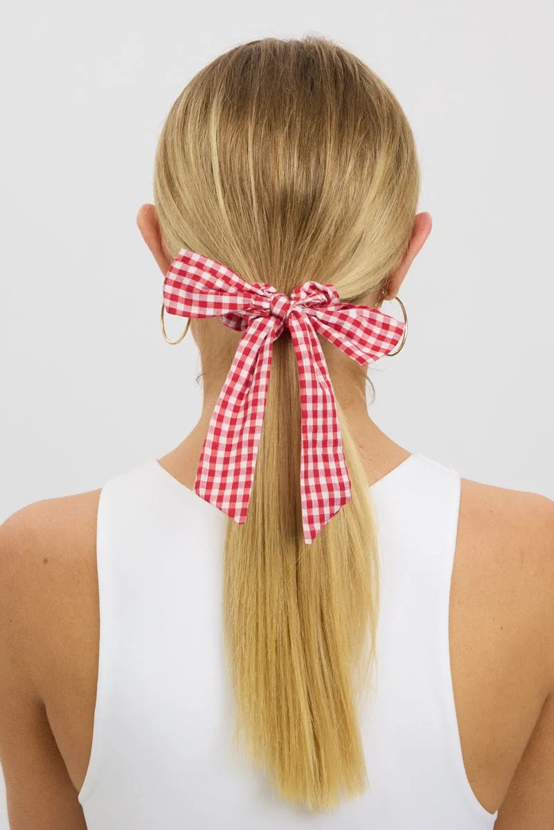 Red Check Gingham Bow Hair Tie Scrunchie sold by Ally Fashion
