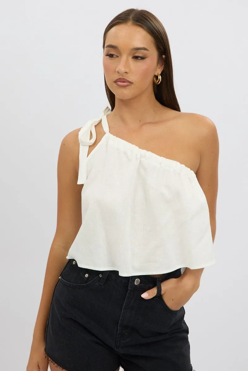 White One Shoulder Top Linen Blend sold by Ally Fashion product image thumbnail 3