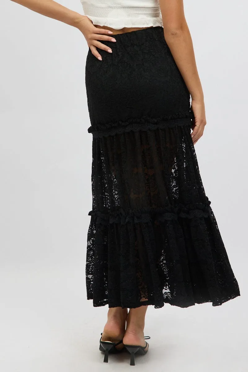 Black Lace Maxi Skirt Elastic Waist Tiered Lined sold by Ally Fashion product image thumbnail 5